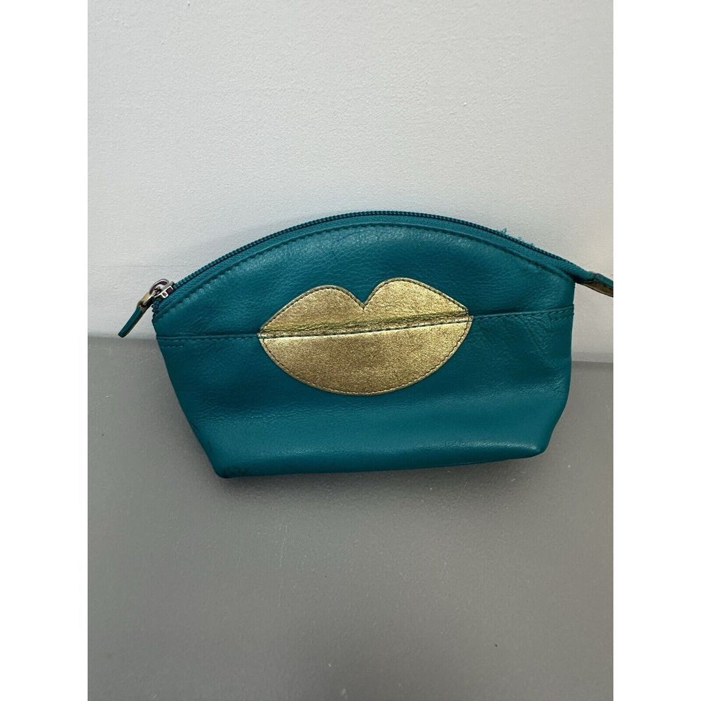 ili New York Hot‎ Lips Cosmetic Case Turquoise /Gold RFID Blocking Leather #30